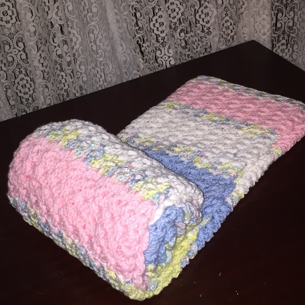 Pink White Sky Blue & Yellow Baby Blanket - Picture 4 of 5